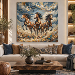 Rustic Galloping Horses in Stormy Blue & Golden Skies (Single Panel) Digital Painting Wall Art