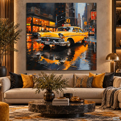Vintage Yellow Taxi on Rainy City Streets Style (Single Panel) Digital Painting Wall Art