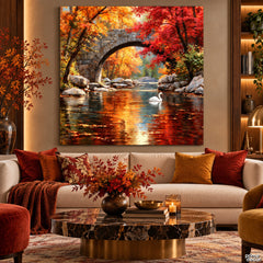 Autumn Stone Bridge over Reflective River with White Swan Style (Single Panel) Digital Painting Wall Art