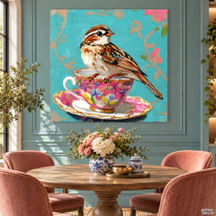 Rustic Sparrow Perched on a Colorful Floral Teacup Style (Single Panel) Digital Painting Wall Art
