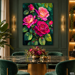 Romantic Pink & Crimson Roses with Lush Green Foliage Style (Single Panel) Digital Painting Wall Art