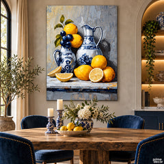 Rustic Blue & White Ceramic Pitchers with Fresh Lemons Still Life Style (Single Panel) Digital Painting Wall Art
