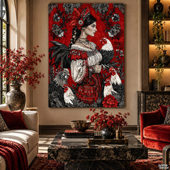 The Crimson Hen Maiden – Vintage Folklore Portrait (Single Panel) Digital Painting Wall Art