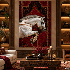 The White Stallion – Regal Horse on Ornate Tapestry (Single Panel) Digital Painting Wall Art