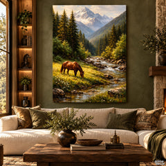 Mountain Serenity – Horse by the Alpine Stream (Single Panel) Digital Painting Wall Art
