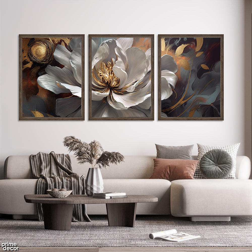 Beautiful White Flower With Abstract Brush Strokes (3 Panel) Abstract Floral Wall Art - Prime Décor