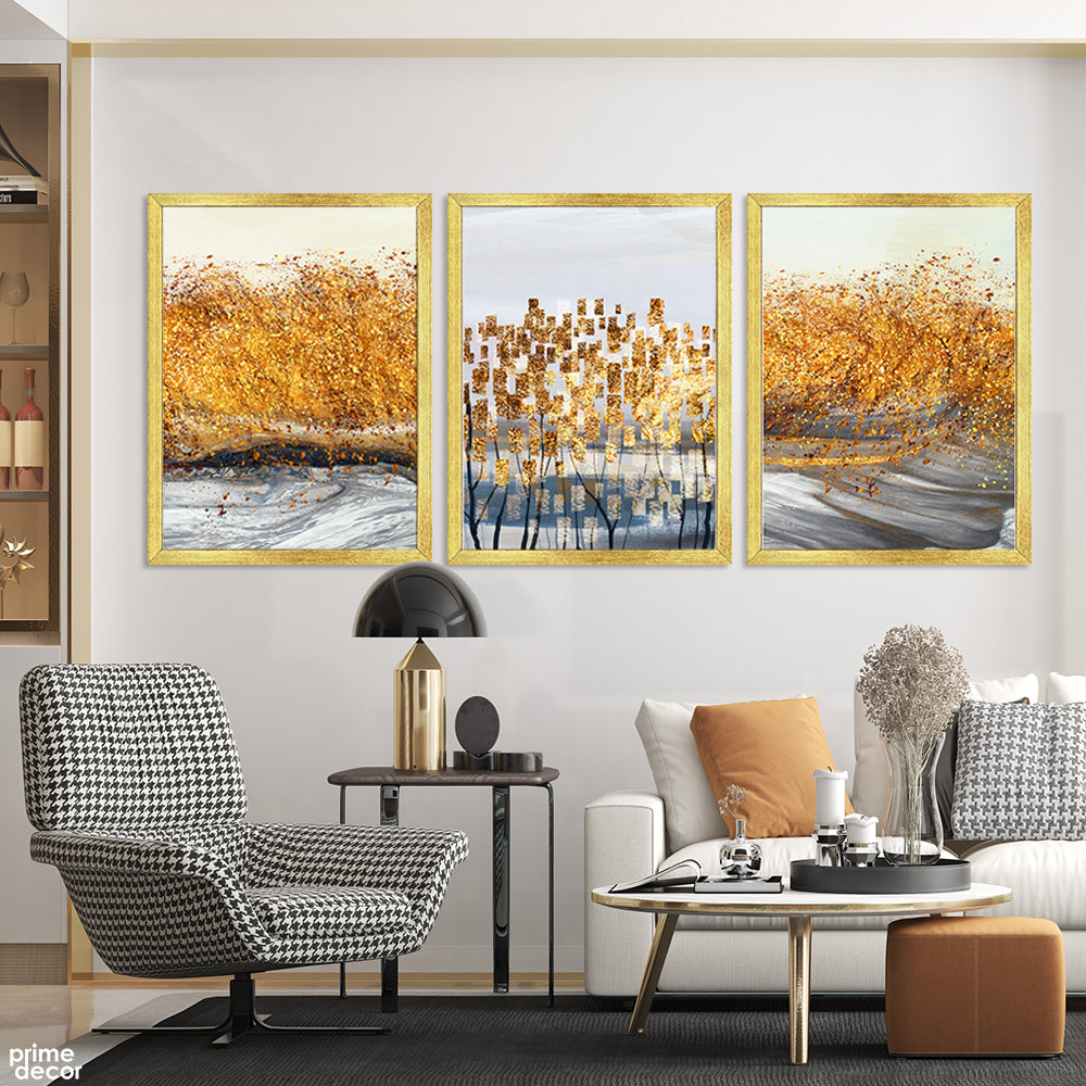 Grey & Gold Abstract Paint Stroke Design (3 Panel) Nordic Wall Art - Prime Décor