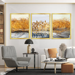 Grey & Gold Abstract Paint Stroke Design (3 Panel) Nordic Wall Art - Prime Décor