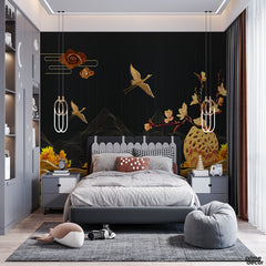 Japanese Golden Flying Birds | Wallpaper Mural - Prime Décor
