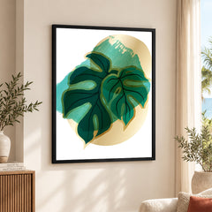 Green Tropical Leaves Over White & Hazel Background | Abstract Floral Artwork #00108