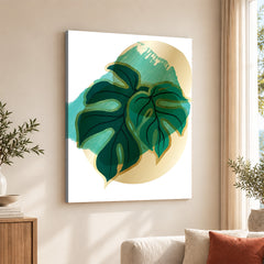 Green Tropical Leaves Over White & Hazel Background | Abstract Floral Artwork #00108