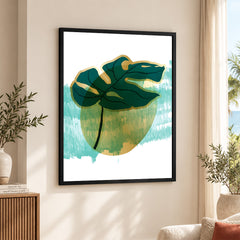 Green Tropical Leaves Over White & Hazel Blue Background | Abstract Floral Artwork #00109