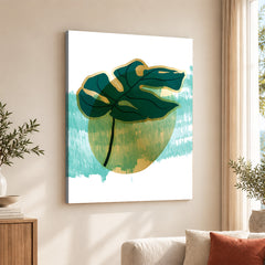 Green Tropical Leaves Over White & Hazel Blue Background | Abstract Floral Artwork #00109