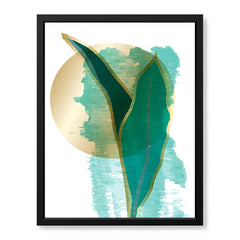 Green Tropical Leaves Over White & Hazel Blue Background | Abstract Floral Artwork #00111
