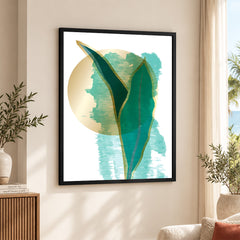 Green Tropical Leaves Over White & Hazel Blue Background | Abstract Floral Artwork #00111
