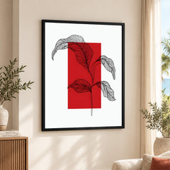 Black Leaves Abstract Design Over Red & White Background | Abstract Office Artwork #00130