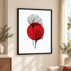 Black Leaves Abstract Design With Red Moon & White Background | Abstract Office Artwork #00131