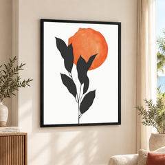 Grey Tropical Leaves With Orange Moon Shape | Abstract Floral Artwork #0015