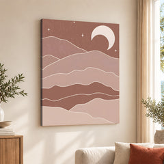 Brown & Beige Abstract Mountains Portrait With White Moon | Abstract Office Artwork #00155