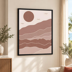 Brown & Beige Abstract Mountains Portrait With Full Moon | Abstract Office Artwork #00156