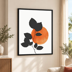 Grey Tropical Leaves With Orange Moon Shape | Abstract Floral Artwork #0016