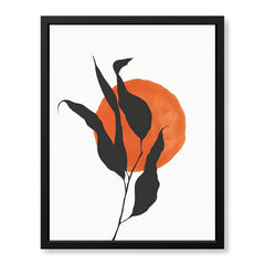 Grey Tropical Leaves With Orange Moon Shape | Abstract Floral Artwork #0017