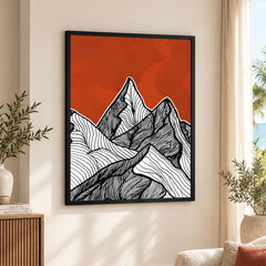 Black & White Mountain Design Over Red Background | Abstract Office Artwork #00180