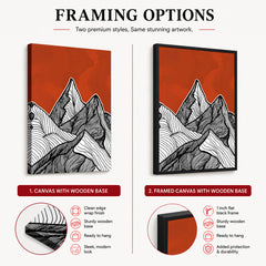 Black & White Mountain Design Over Red Background | Abstract Office Artwork #00180