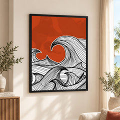 Black & White Waves Design Over Red Background | Abstract Office Artwork #00181