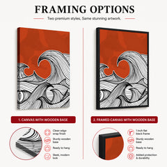 Black & White Waves Design Over Red Background | Abstract Office Artwork #00181