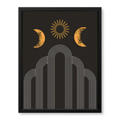 White Line Art With Gold Moon Design Over Black Background | Abstract Fashion Artwork #00191
