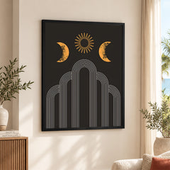 White Line Art With Gold Moon Design Over Black Background | Abstract Fashion Artwork #00191