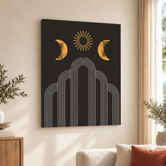 White Line Art With Gold Moon Design Over Black Background | Abstract Fashion Artwork #00191