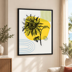 Black Flower Over Yellow & White Background | Abstract Floral Artwork #00198