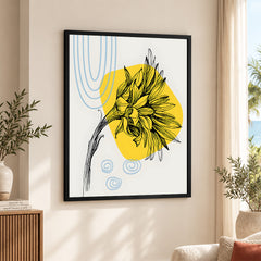 Black Flower Over Yellow & White Background | Abstract Floral Artwork #00199