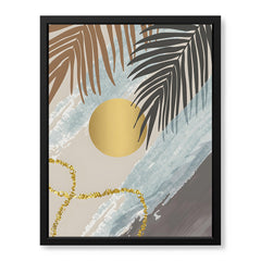 Black & Grey Tropical Leaves Over Gold Moon | Abstract Floral Artwork #00200