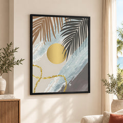 Black & Grey Tropical Leaves Over Gold Moon | Abstract Floral Artwork #00200