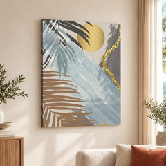 Black & Grey Tropical Leaves Over Gold Moon | Abstract Floral Artwork #00201