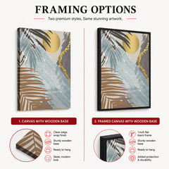 Black & Grey Tropical Leaves Over Gold Moon | Abstract Floral Artwork #00201
