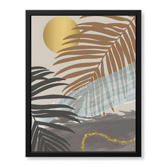 Black & Grey Tropical Leaves Over Gold Moon | Abstract Floral Artwork #00202