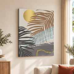 Black & Grey Tropical Leaves Over Gold Moon | Abstract Floral Artwork #00202