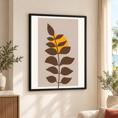 Beautiful Brown Tropical Leaves Over Gold Sun | Abstract Floral Artwork #00203