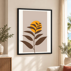 Beautiful Brown Tropical Leaves Over Gold Sun | Abstract Floral Artwork #00204