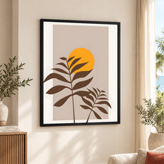 Beautiful Brown Tropical Leaves Over Gold Sun | Abstract Floral Artwork #00205