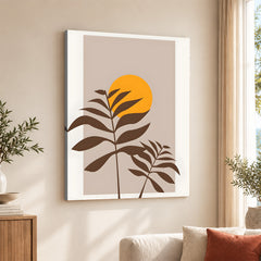 Beautiful Brown Tropical Leaves Over Gold Sun | Abstract Floral Artwork #00205