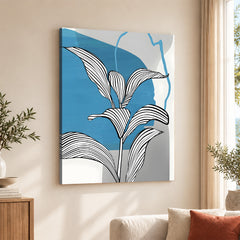 Black & White Tropical Leaves Over Blue & Grey Background | Abstract Floral Artwork #00207