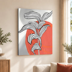 Black & White Tropical Leaves Over Orange & Grey Background | Abstract Floral Artwork #00208