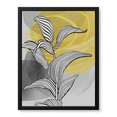 Black & White Tropical Leaves Over Yellow & Grey Background | Abstract Floral Artwork #00210