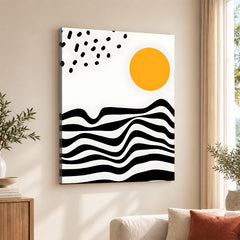 Black & White Waves Design With Gold Moon Over White Background | Abstract Nature Artwork #00211