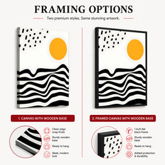 Black & White Waves Design With Gold Moon Over White Background | Abstract Nature Artwork #00211